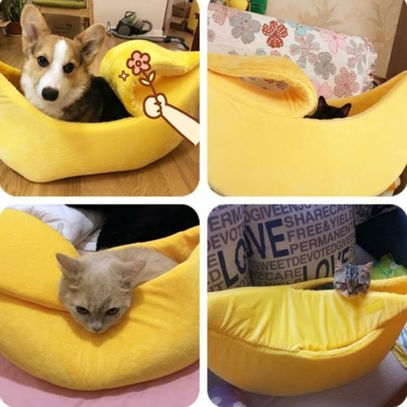 Yellow Cozy Banana Peel Pet Bed - Plush & Warm Cave House for Cats & Small Dogs (Medium)